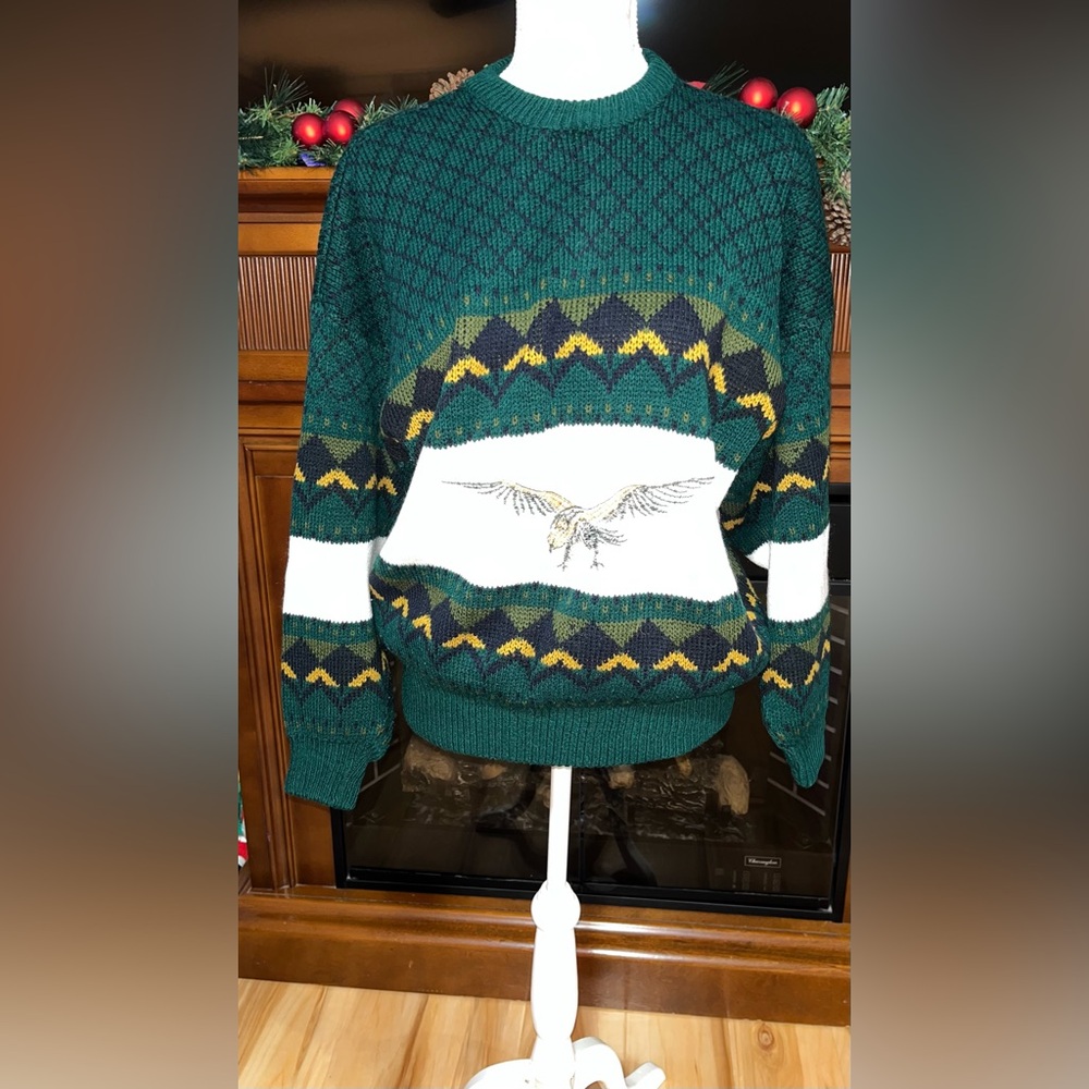 Men's Green and Yellow Patterned Crewneck Sweater